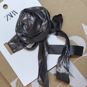 ZARA SILK BLEND METALLIC FLOWER SCARF SILVER NWT